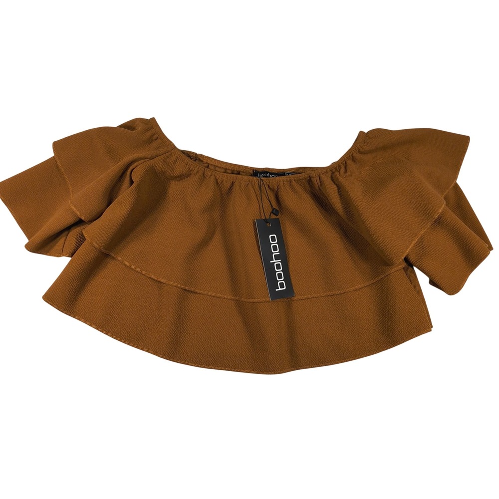 Boohoo Crop Top NWT Brown Off Shoulder Ruffle Bardot Short Sleeve Summer Chic‎